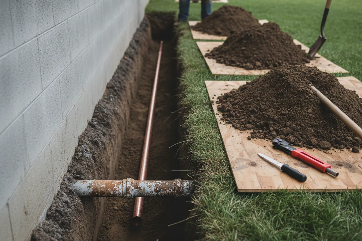Excavated water line trench during Water Heater Repair in Marriottsville